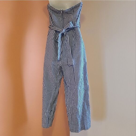 Kenar Blue & White Gingham Wide Leg Capri Jumpsuit M - Picture 4 of 11